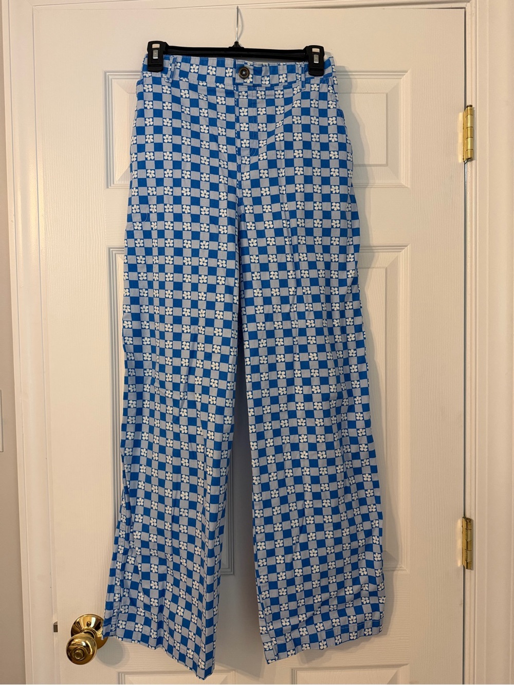Blue Floral Checkered Wide Leg Pants XS 100% Cotton
